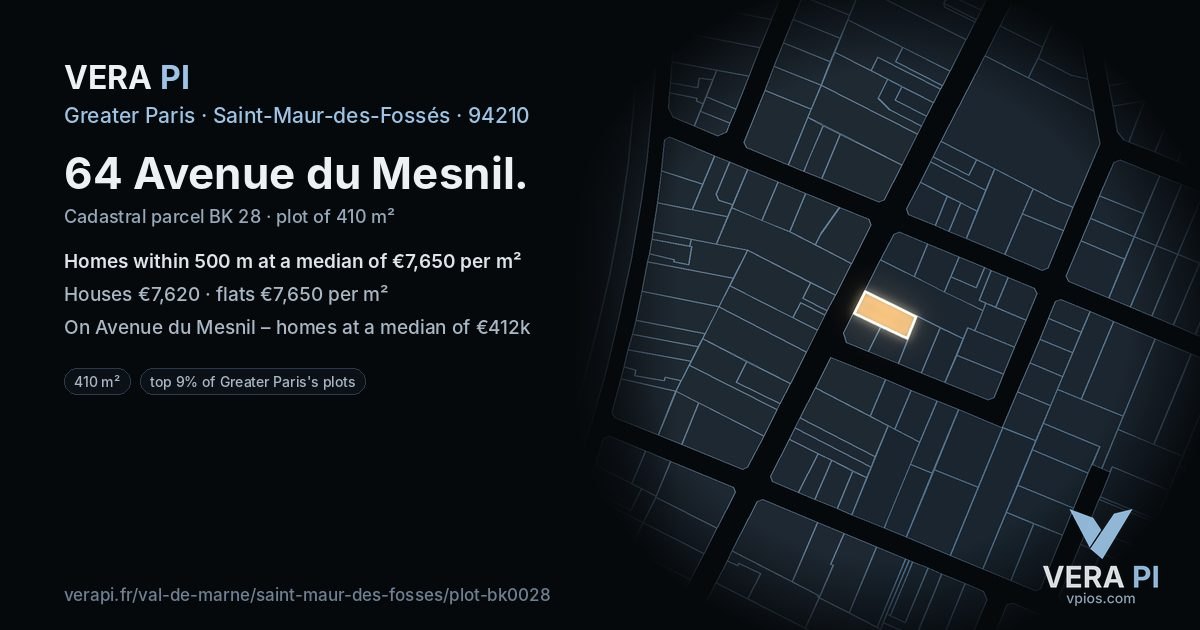 64 Avenue du Mesnil, Saint-Maur-des-Fossés at night – the plot lit, the parcels around coloured by the prices near them