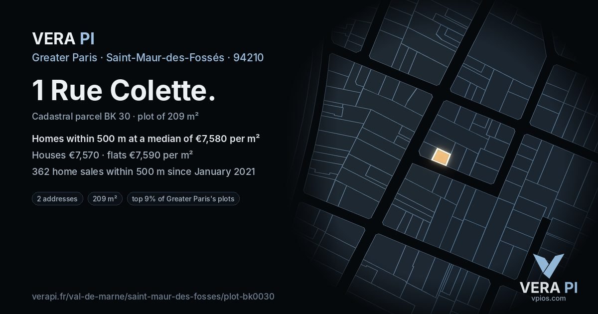 1 Rue Colette, Saint-Maur-des-Fossés at night – the plot lit, the parcels around coloured by the prices near them