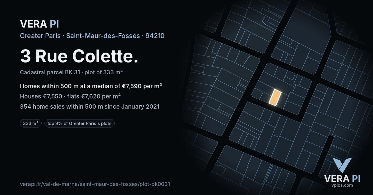 3 Rue Colette, Saint-Maur-des-Fossés at night – the plot lit, the parcels around coloured by the prices near them