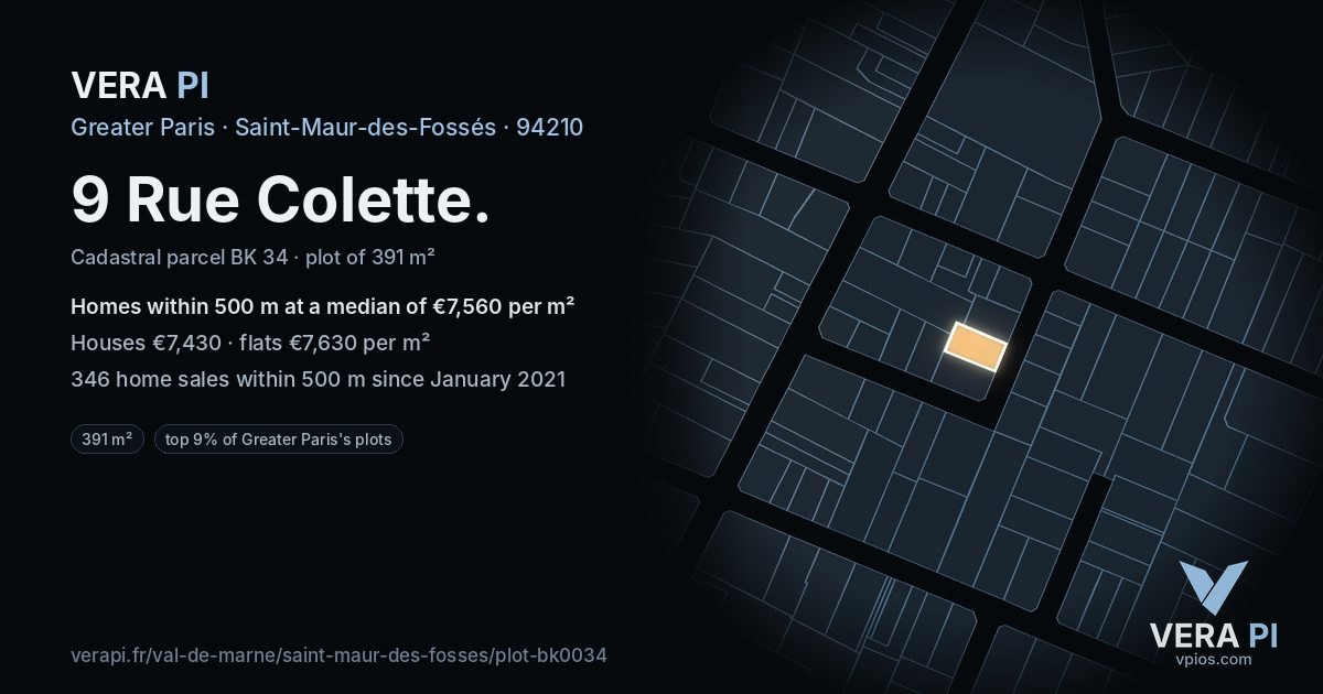 9 Rue Colette, Saint-Maur-des-Fossés at night – the plot lit, the parcels around coloured by the prices near them