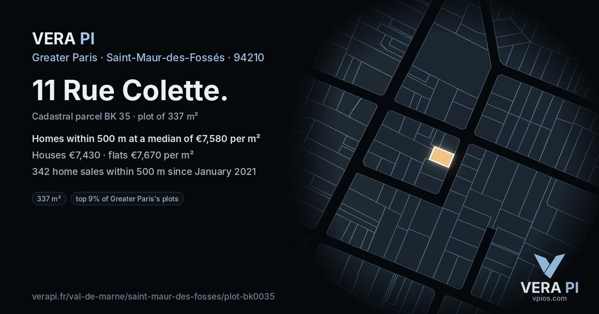 11 Rue Colette, Saint-Maur-des-Fossés at night – the plot lit, the parcels around coloured by the prices near them