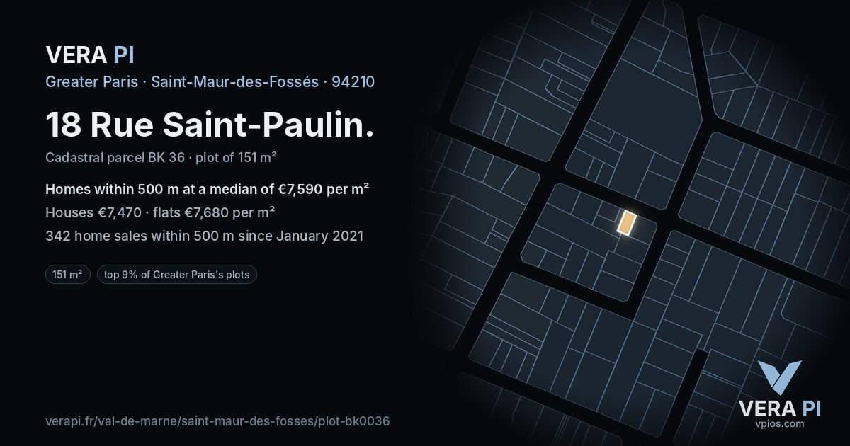 18 Rue Saint-Paulin, Saint-Maur-des-Fossés at night – the plot lit, the parcels around coloured by the prices near them