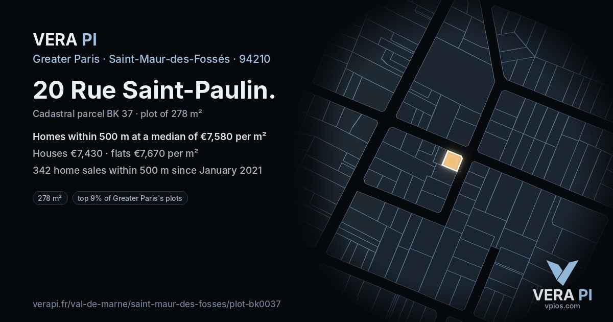 20 Rue Saint-Paulin, Saint-Maur-des-Fossés at night – the plot lit, the parcels around coloured by the prices near them