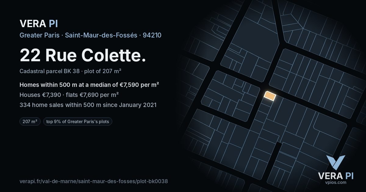 22 Rue Colette, Saint-Maur-des-Fossés at night – the plot lit, the parcels around coloured by the prices near them