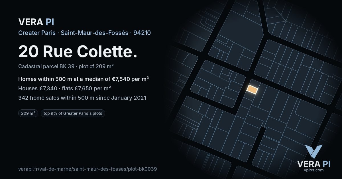 20 Rue Colette, Saint-Maur-des-Fossés at night – the plot lit, the parcels around coloured by the prices near them