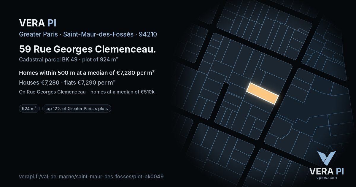 59 Rue Georges Clemenceau, Saint-Maur-des-Fossés at night – the plot lit, the parcels around coloured by the prices near them