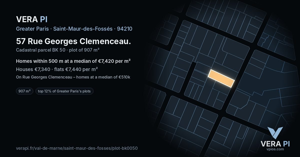 57 Rue Georges Clemenceau, Saint-Maur-des-Fossés at night – the plot lit, the parcels around coloured by the prices near them