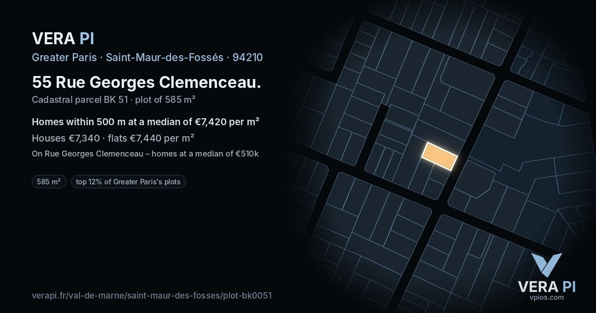 55 Rue Georges Clemenceau, Saint-Maur-des-Fossés at night – the plot lit, the parcels around coloured by the prices near them