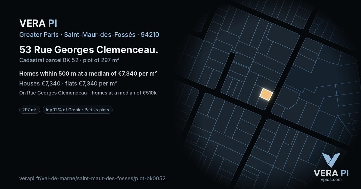 53 Rue Georges Clemenceau, Saint-Maur-des-Fossés at night – the plot lit, the parcels around coloured by the prices near them