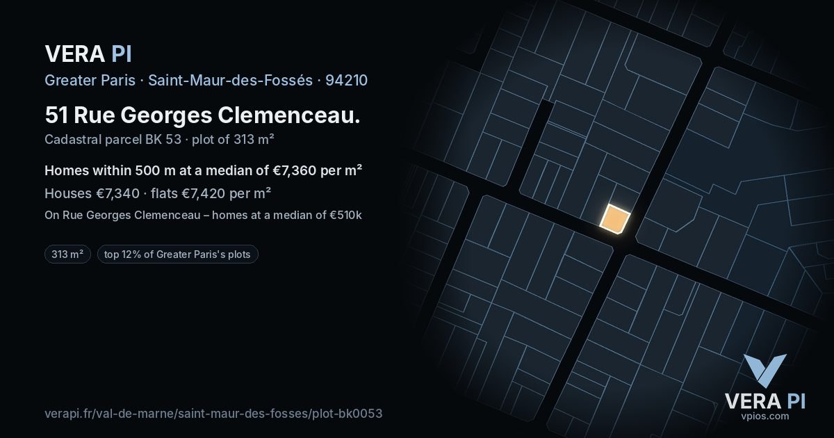 51 Rue Georges Clemenceau, Saint-Maur-des-Fossés at night – the plot lit, the parcels around coloured by the prices near them