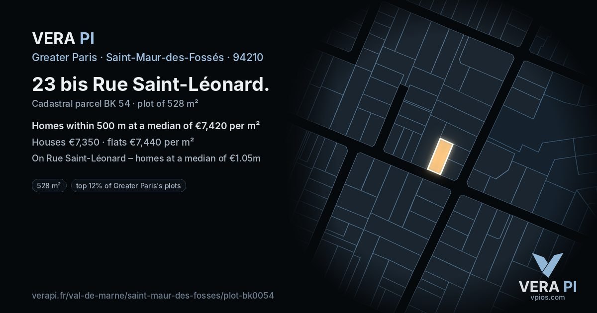 23 bis Rue Saint-Léonard, Saint-Maur-des-Fossés at night – the plot lit, the parcels around coloured by the prices near them