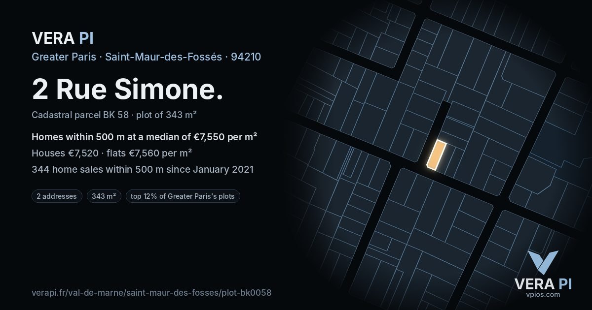 2 Rue Simone, Saint-Maur-des-Fossés at night – the plot lit, the parcels around coloured by the prices near them