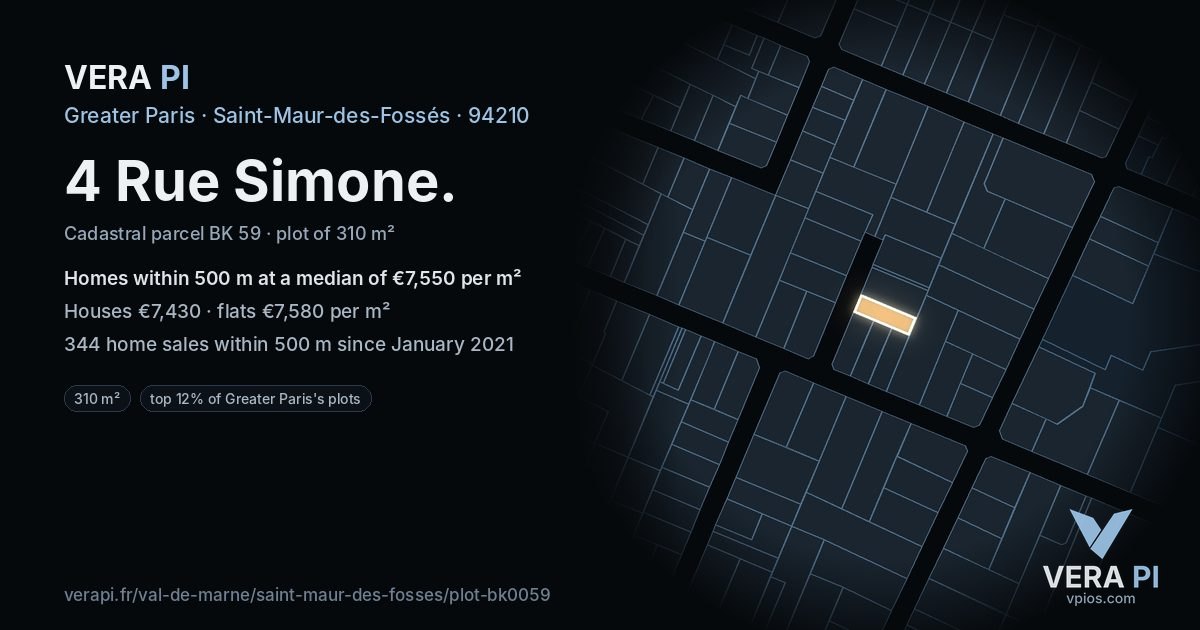 4 Rue Simone, Saint-Maur-des-Fossés at night – the plot lit, the parcels around coloured by the prices near them