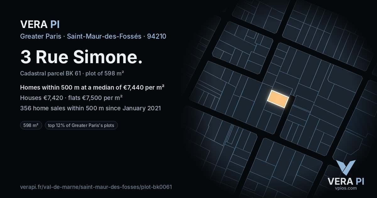 3 Rue Simone, Saint-Maur-des-Fossés at night – the plot lit, the parcels around coloured by the prices near them