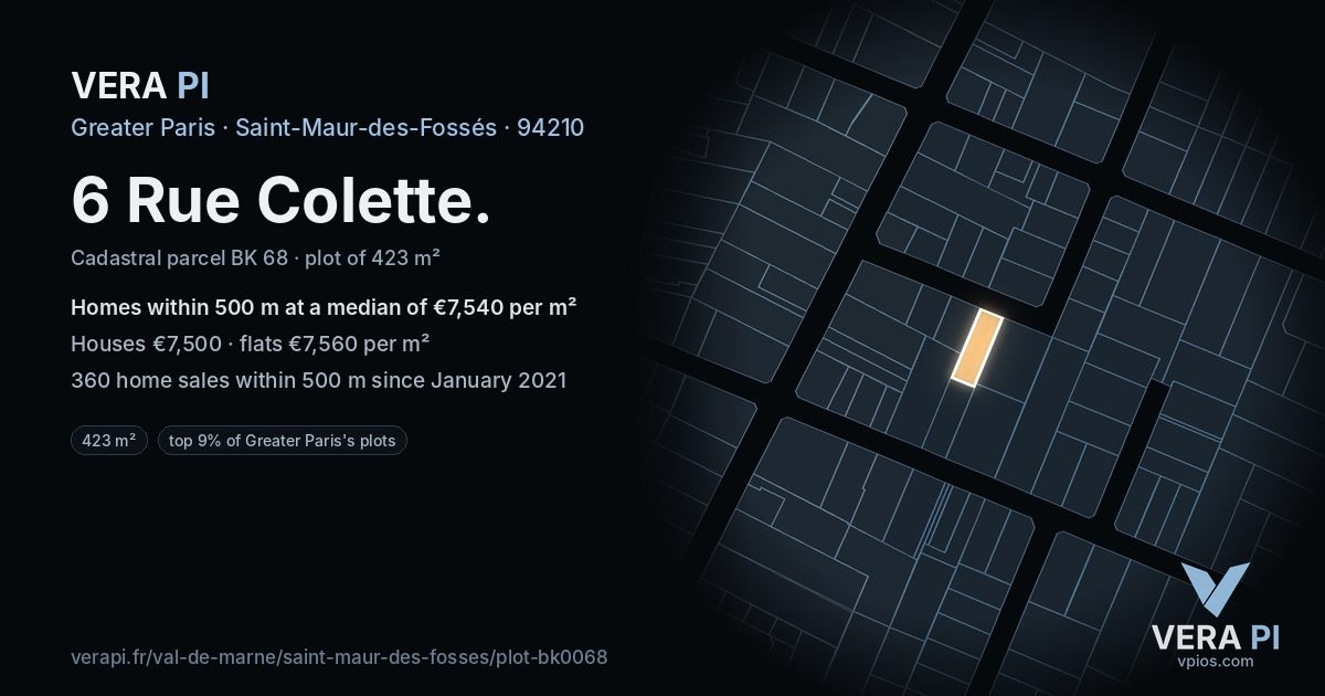 6 Rue Colette, Saint-Maur-des-Fossés at night – the plot lit, the parcels around coloured by the prices near them