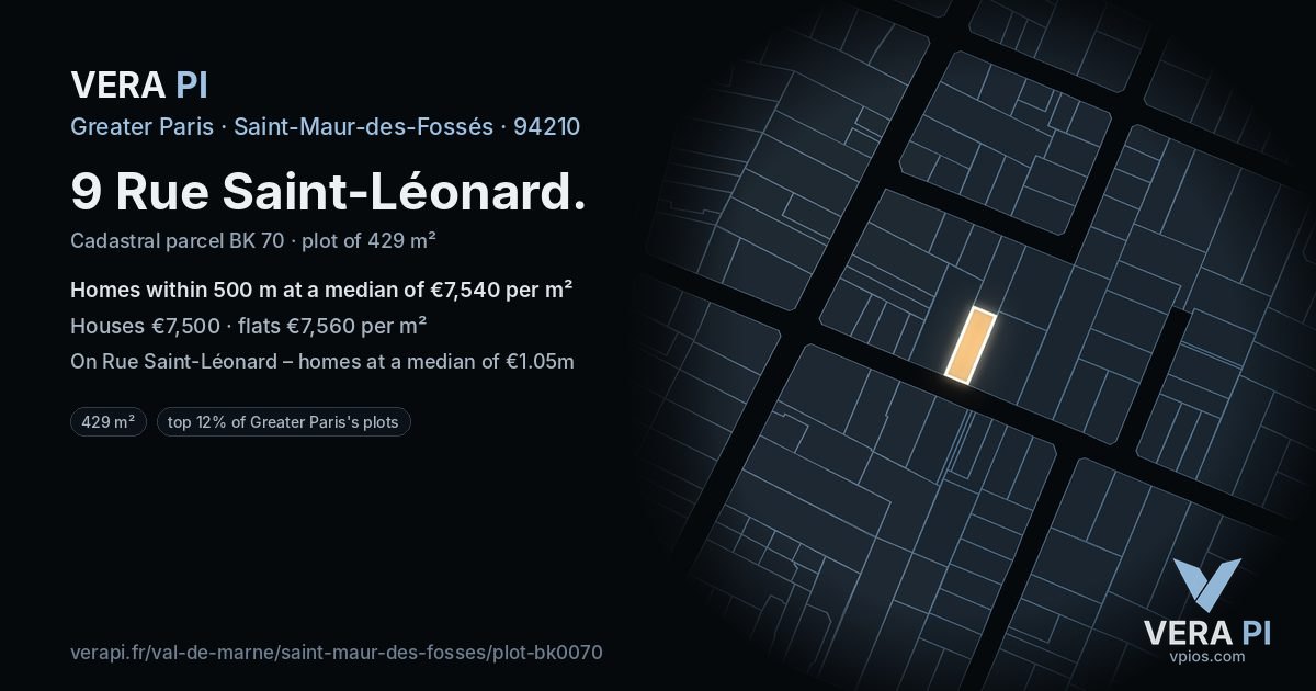 9 Rue Saint-Léonard, Saint-Maur-des-Fossés at night – the plot lit, the parcels around coloured by the prices near them