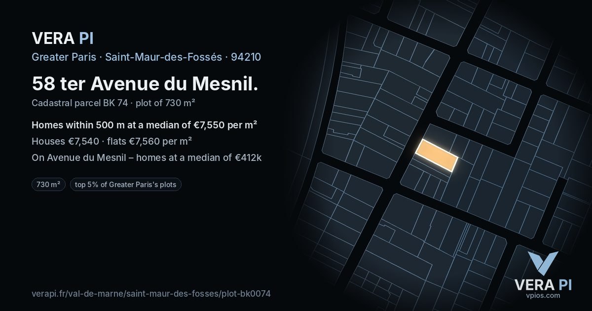 58 ter Avenue du Mesnil, Saint-Maur-des-Fossés at night – the plot lit, the parcels around coloured by the prices near them
