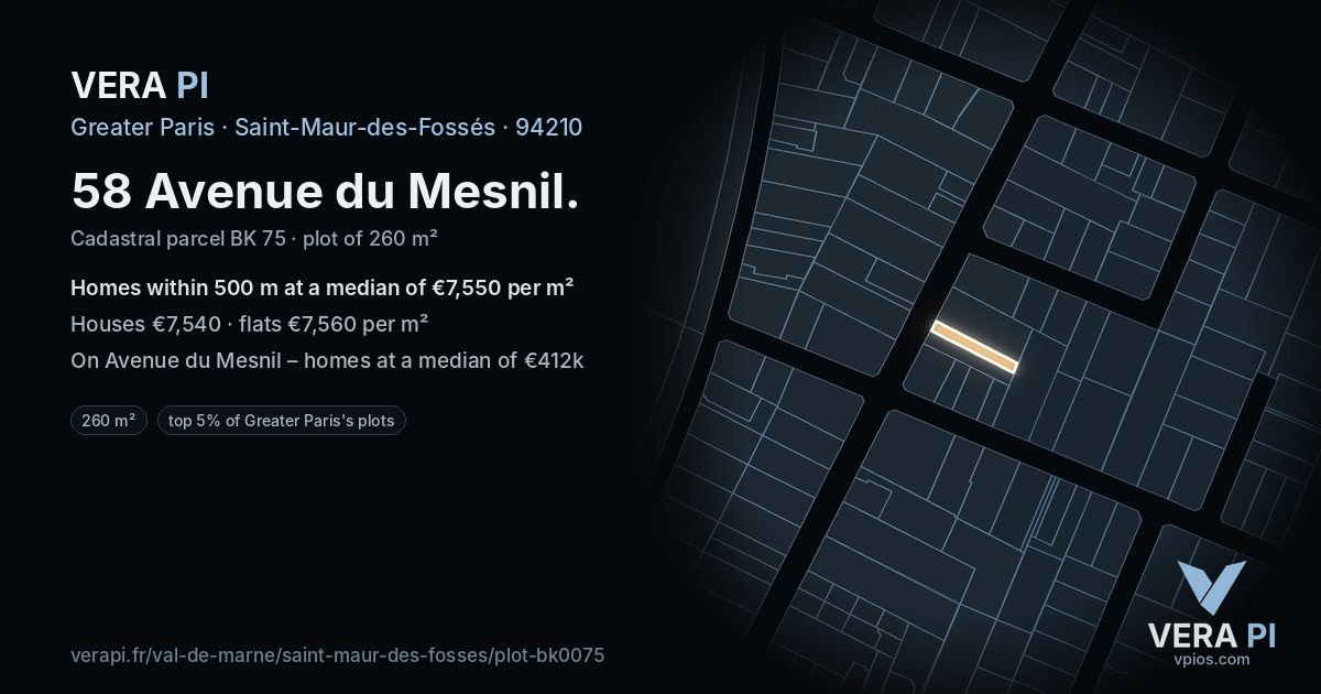 58 Avenue du Mesnil, Saint-Maur-des-Fossés at night – the plot lit, the parcels around coloured by the prices near them