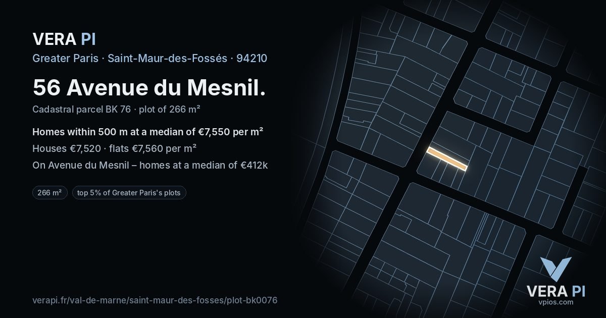 56 Avenue du Mesnil, Saint-Maur-des-Fossés at night – the plot lit, the parcels around coloured by the prices near them