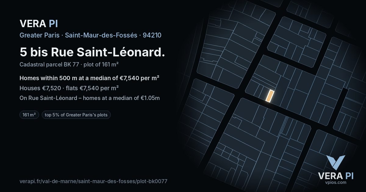 5 bis Rue Saint-Léonard, Saint-Maur-des-Fossés at night – the plot lit, the parcels around coloured by the prices near them