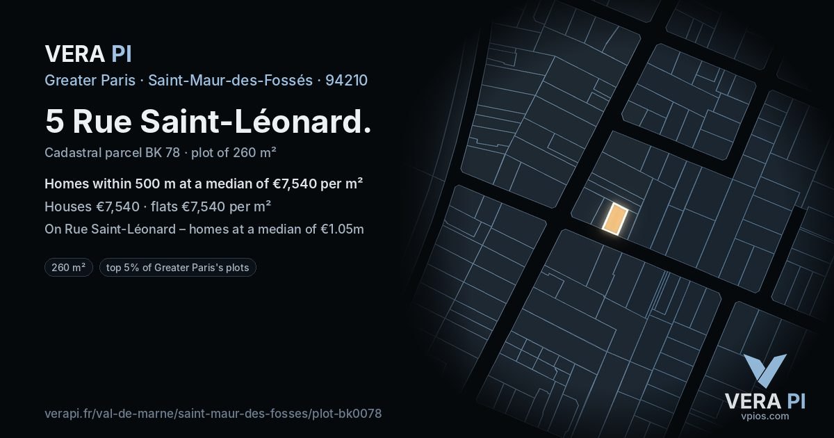5 Rue Saint-Léonard, Saint-Maur-des-Fossés at night – the plot lit, the parcels around coloured by the prices near them