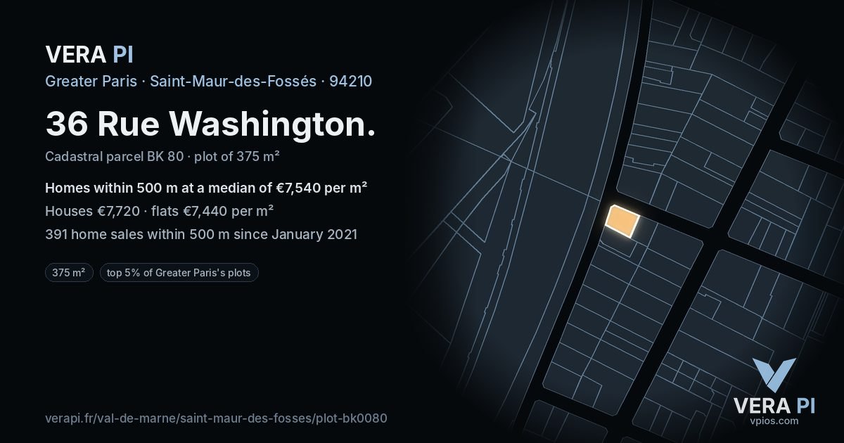 36 Rue Washington, Saint-Maur-des-Fossés at night – the plot lit, the parcels around coloured by the prices near them