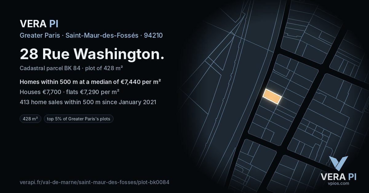 28 Rue Washington, Saint-Maur-des-Fossés at night – the plot lit, the parcels around coloured by the prices near them