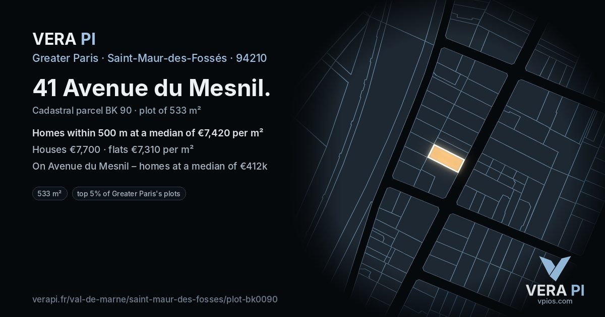 41 Avenue du Mesnil, Saint-Maur-des-Fossés at night – the plot lit, the parcels around coloured by the prices near them