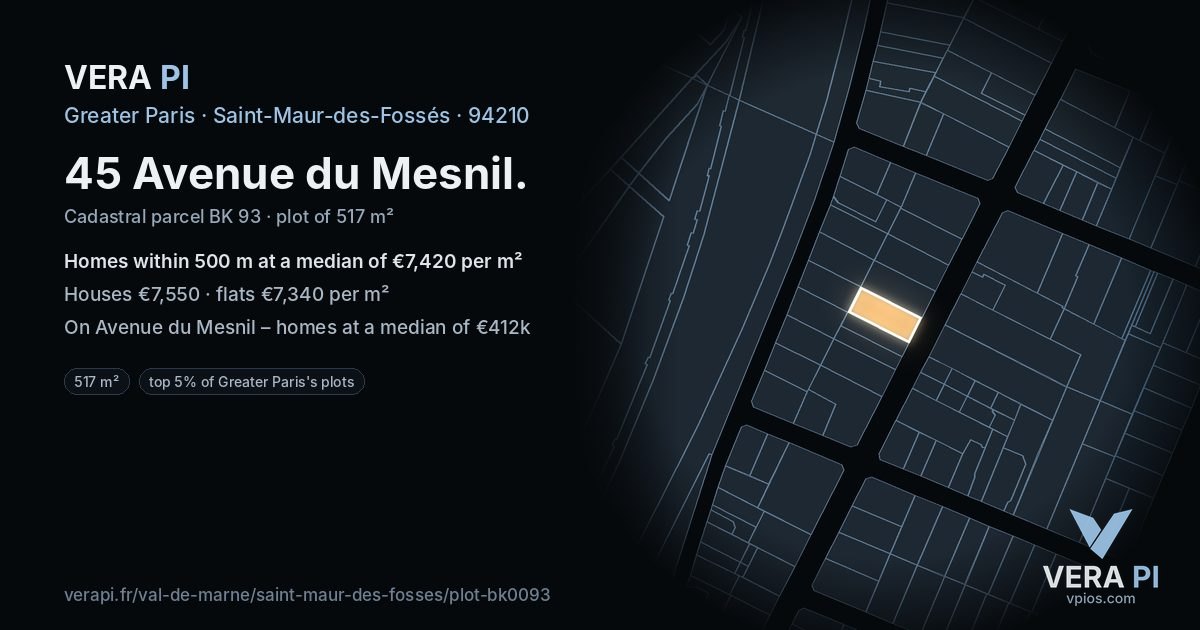 45 Avenue du Mesnil, Saint-Maur-des-Fossés at night – the plot lit, the parcels around coloured by the prices near them