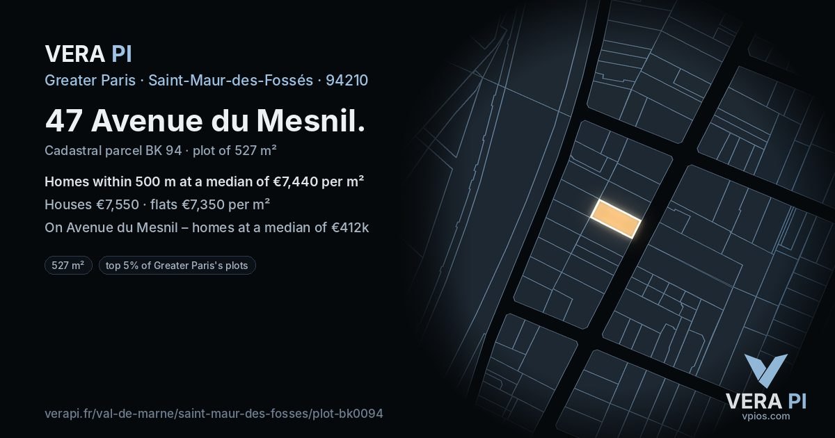 47 Avenue du Mesnil, Saint-Maur-des-Fossés at night – the plot lit, the parcels around coloured by the prices near them