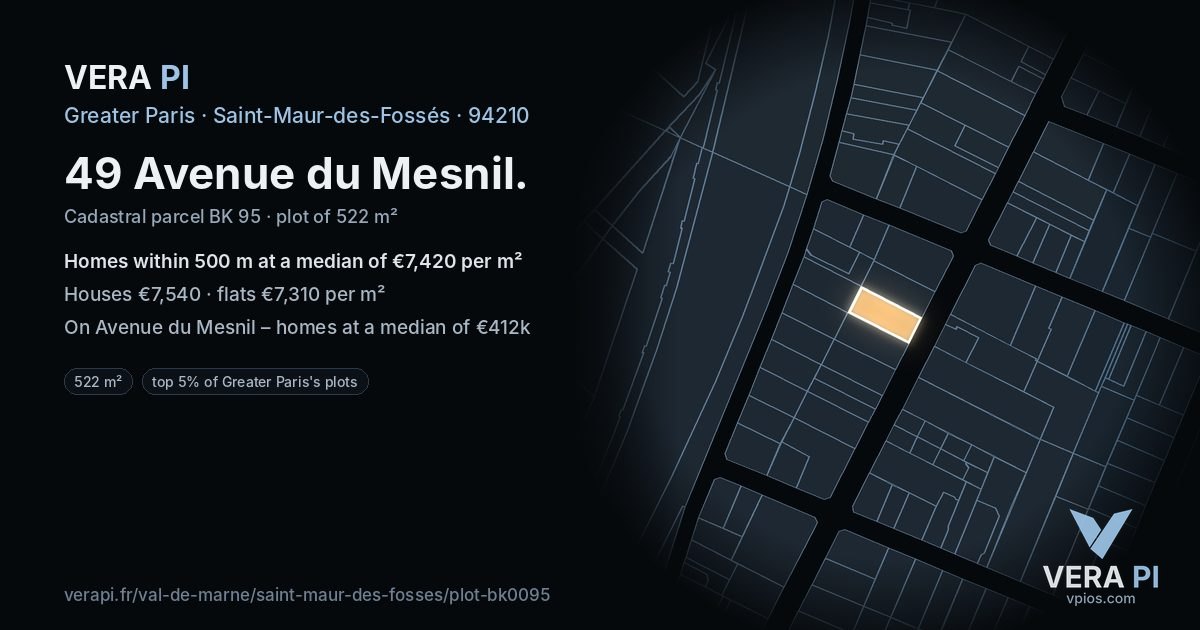 49 Avenue du Mesnil, Saint-Maur-des-Fossés at night – the plot lit, the parcels around coloured by the prices near them