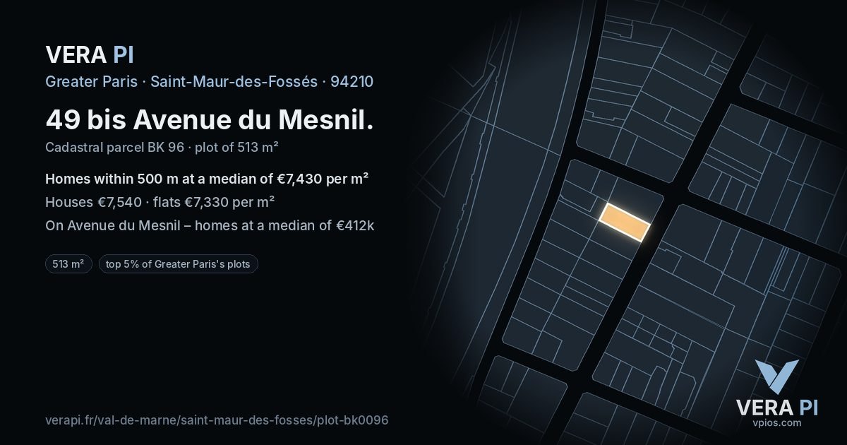 49 bis Avenue du Mesnil, Saint-Maur-des-Fossés at night – the plot lit, the parcels around coloured by the prices near them