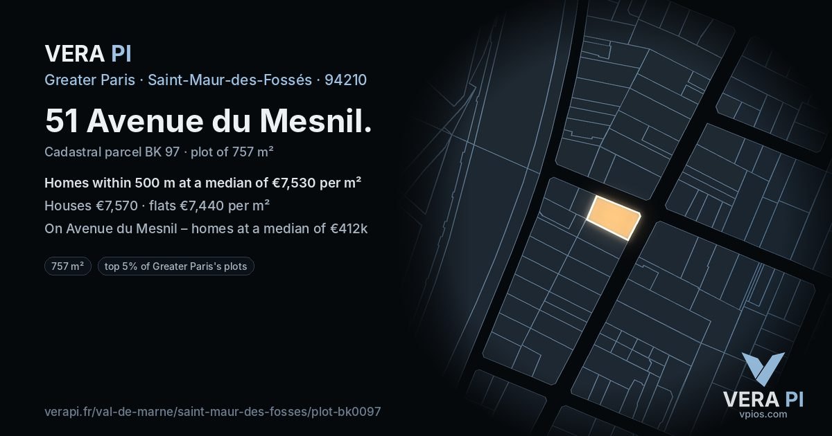 51 Avenue du Mesnil, Saint-Maur-des-Fossés at night – the plot lit, the parcels around coloured by the prices near them