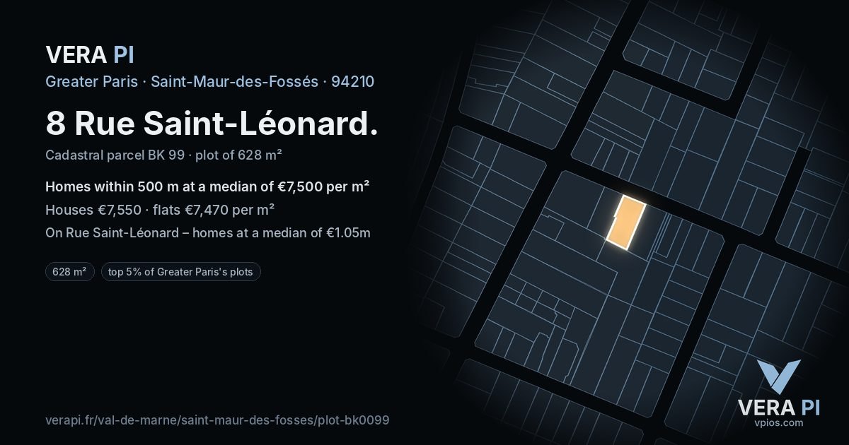 8 Rue Saint-Léonard, Saint-Maur-des-Fossés at night – the plot lit, the parcels around coloured by the prices near them