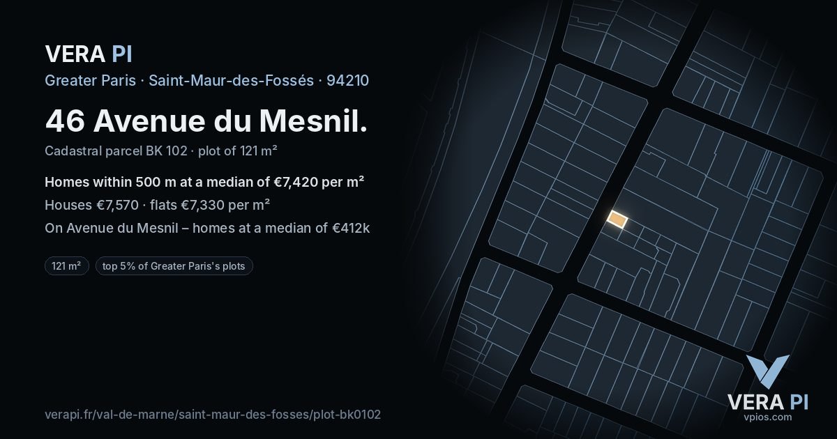 46 Avenue du Mesnil, Saint-Maur-des-Fossés at night – the plot lit, the parcels around coloured by the prices near them
