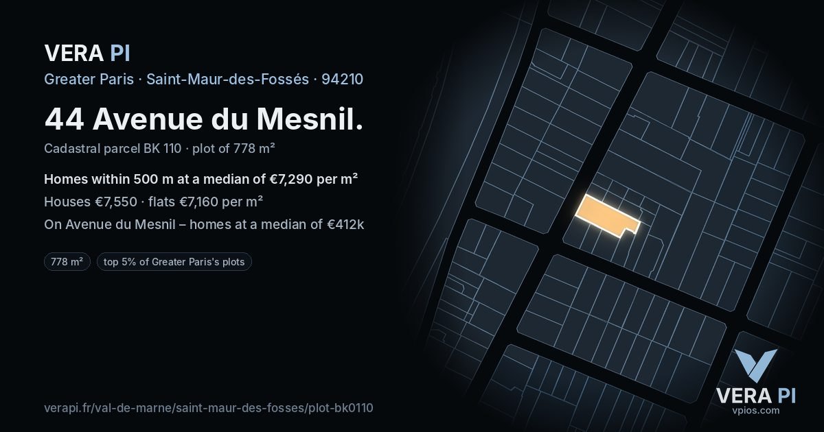 44 Avenue du Mesnil, Saint-Maur-des-Fossés at night – the plot lit, the parcels around coloured by the prices near them