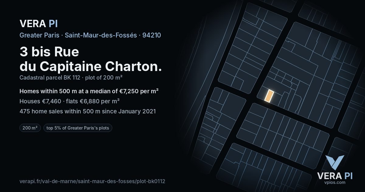 3 bis Rue du Capitaine Charton, Saint-Maur-des-Fossés at night – the plot lit, the parcels around coloured by the prices near them