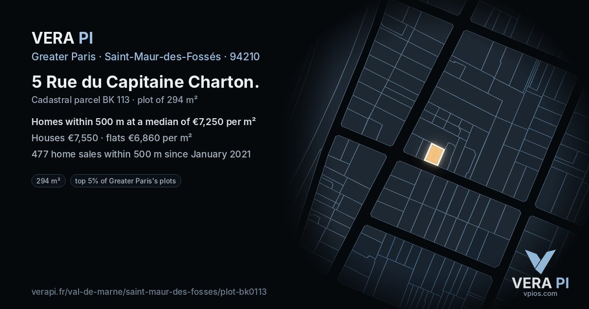 5 Rue du Capitaine Charton, Saint-Maur-des-Fossés at night – the plot lit, the parcels around coloured by the prices near them