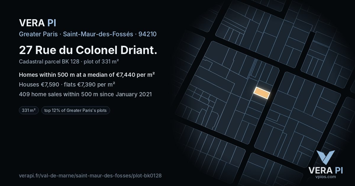 27 Rue du Colonel Driant, Saint-Maur-des-Fossés at night – the plot lit, the parcels around coloured by the prices near them