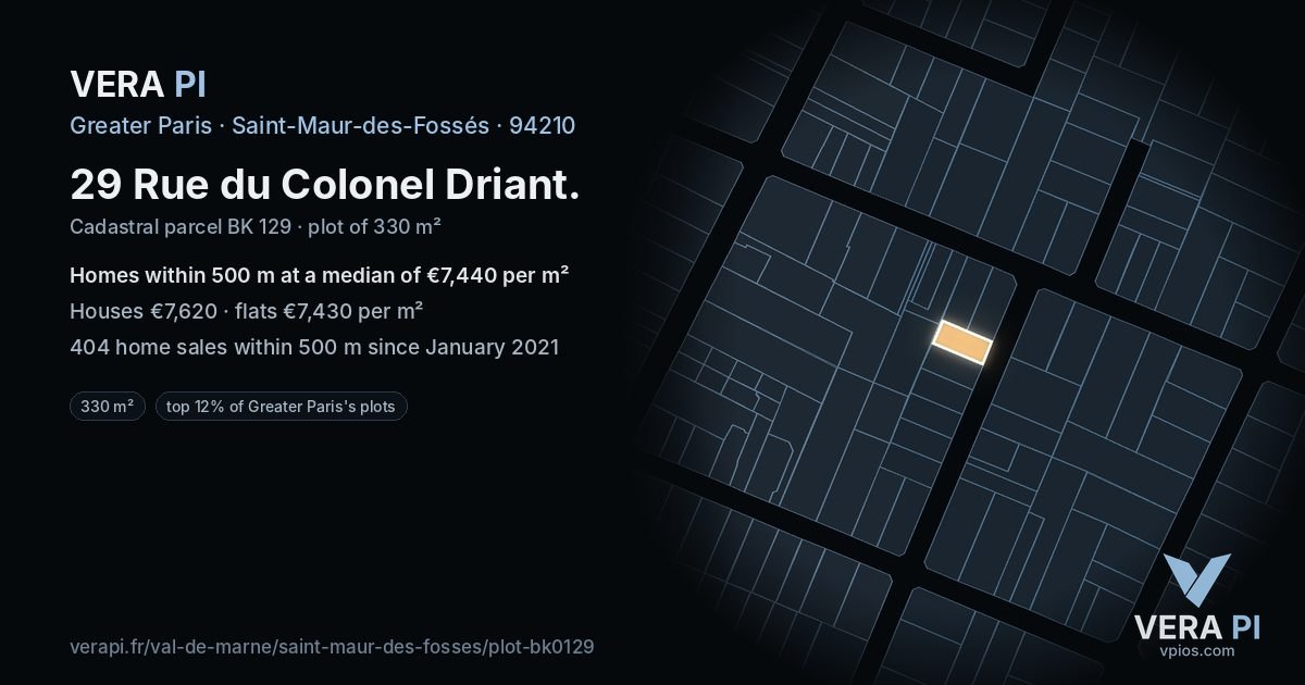29 Rue du Colonel Driant, Saint-Maur-des-Fossés at night – the plot lit, the parcels around coloured by the prices near them