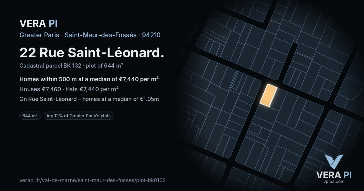 22 Rue Saint-Léonard, Saint-Maur-des-Fossés at night – the plot lit, the parcels around coloured by the prices near them