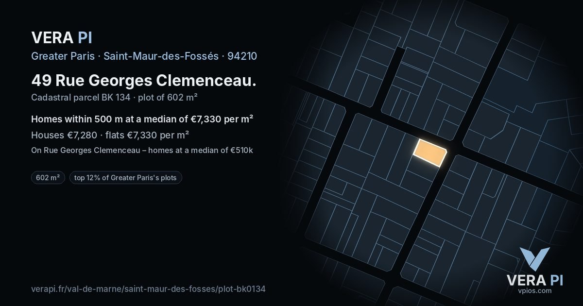49 Rue Georges Clemenceau, Saint-Maur-des-Fossés at night – the plot lit, the parcels around coloured by the prices near them