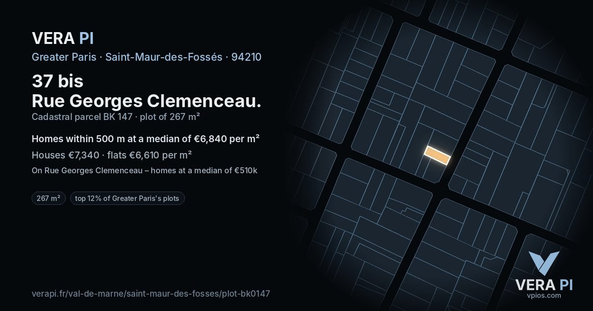 37 bis Rue Georges Clemenceau, Saint-Maur-des-Fossés at night – the plot lit, the parcels around coloured by the prices near them