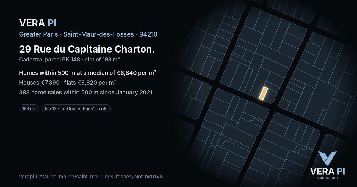 29 Rue du Capitaine Charton, Saint-Maur-des-Fossés at night – the plot lit, the parcels around coloured by the prices near them