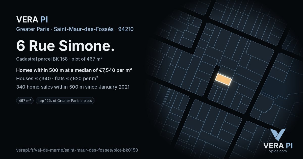 6 Rue Simone, Saint-Maur-des-Fossés at night – the plot lit, the parcels around coloured by the prices near them