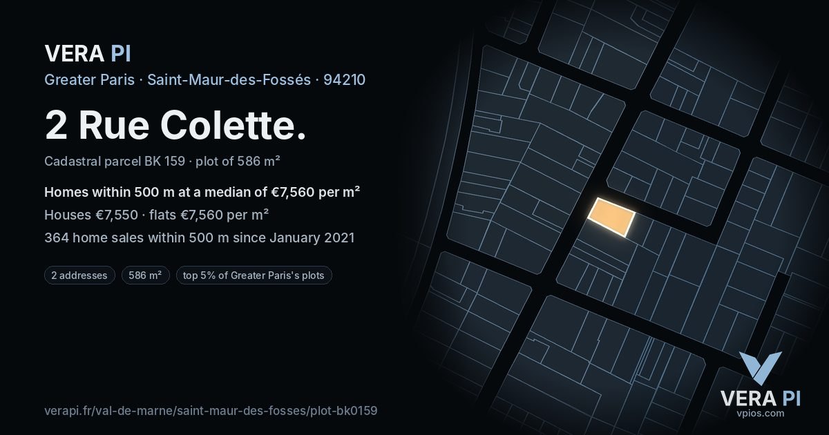 2 Rue Colette, Saint-Maur-des-Fossés at night – the plot lit, the parcels around coloured by the prices near them