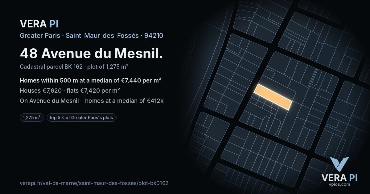 48 Avenue du Mesnil, Saint-Maur-des-Fossés at night – the plot lit, the parcels around coloured by the prices near them