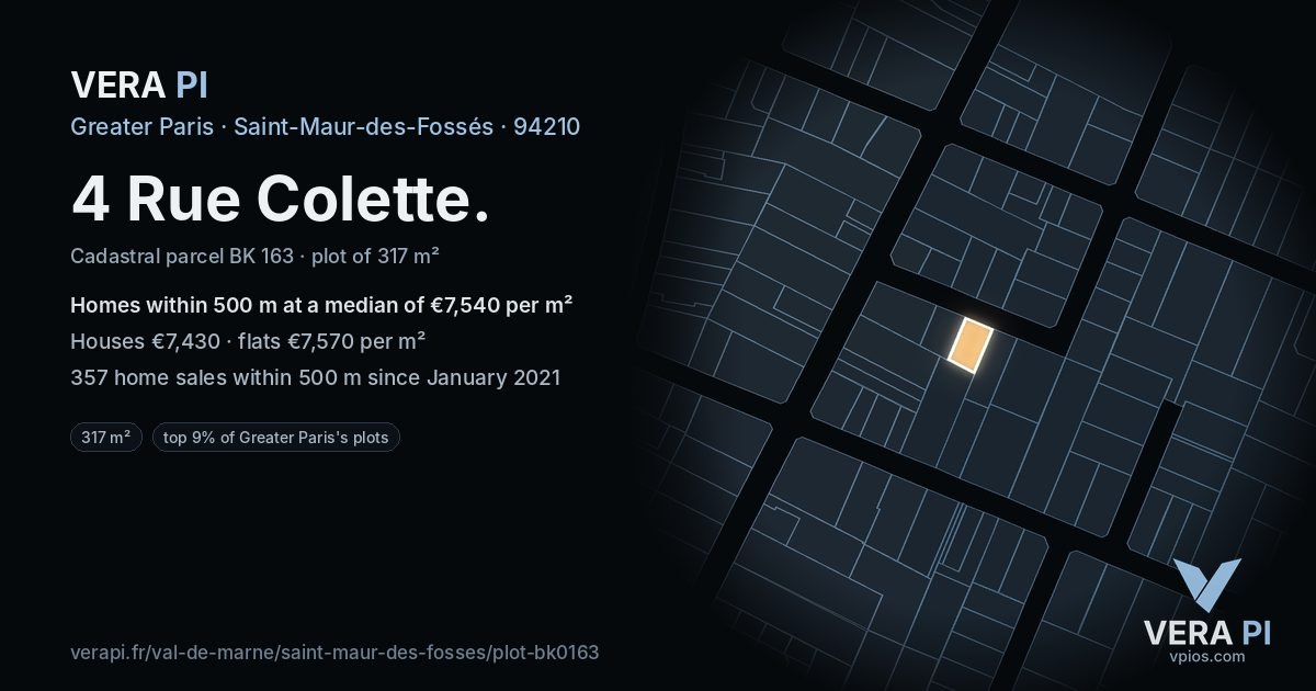 4 Rue Colette, Saint-Maur-des-Fossés at night – the plot lit, the parcels around coloured by the prices near them