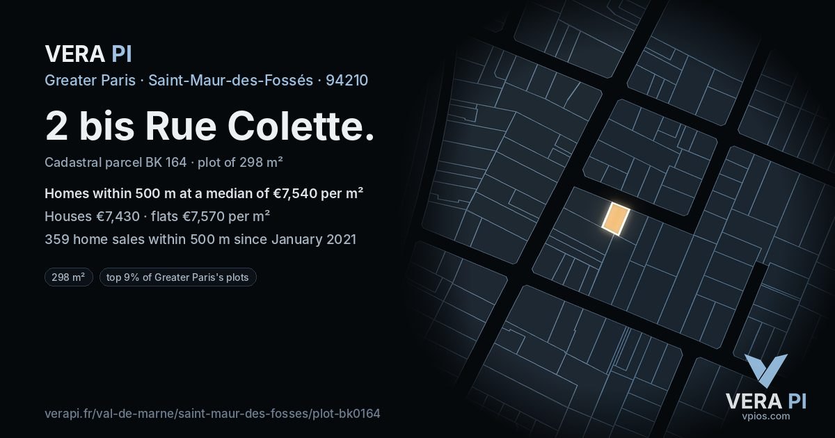 2 bis Rue Colette, Saint-Maur-des-Fossés at night – the plot lit, the parcels around coloured by the prices near them