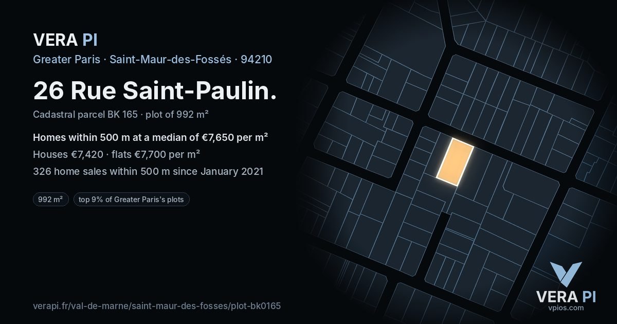 26 Rue Saint-Paulin, Saint-Maur-des-Fossés at night – the plot lit, the parcels around coloured by the prices near them